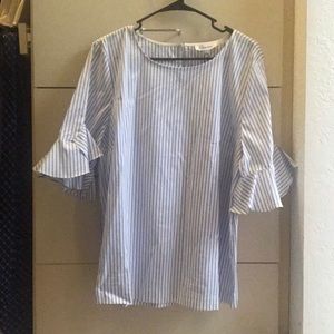 Calvin Klein, blue and white striped ruffle sleeve